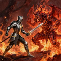 knight with a sword fights the lava demon in hell, fiery particles, illustration painting, frank frazetta daarken