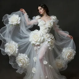 Nina Dobrev dressed in a vaporous moving wrapped large  victorian white roses organza dress fashion, D&D, fantasy, intricate, elegant, highly detailed, digital painting, artstation, concept art, matte, sharp focus, illustration, art by Artgerm and Greg Rutkowski and Alphonse Mucha