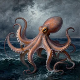 giant octopus with giant tentacles holding with a frigate under a stormy sea, in the style of jmw turner