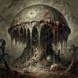 deathspell omega, below the lid of a vast rounded monument trickling of gristly vestiges and whacked hopes enhanced by the horrible excess of fetid exhalation, by beksinski and gustave dore and mucha