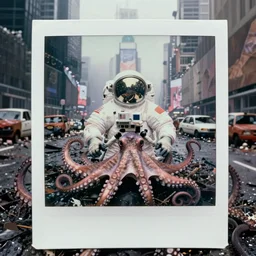 faded photographs of octopus as american white spacesuit chubby astronaut in postapocalyptic abandoned destroyed times square, wrecked buildings, destroyed flipped wrecked cars, underwater polaroid photo, vintage, foggy, 1 9 8 5, neutral colors, rainy day, color photo by gregory crewdson