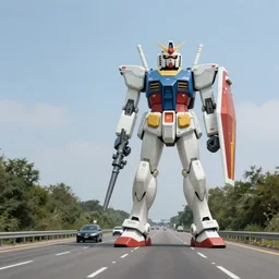 a freeway with a gundam standing in the distance, canon ae - 1, simon stalenhag,