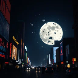 film still of the moon shattering into pieces exploding moon over time square in the new disaster, 8 k, night time