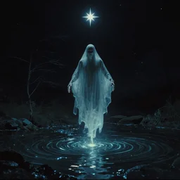dark eerie movie frame, a ghost man floating above the magic shining river styx, northern star at night, otherworldly, dreamlike, stanley kubrick, 1 7 mm, panorama shot, surreal, deep, detailed 4 k