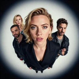 Scarlett Johanson portrait, kim jung gi style, Greg Rutkowski, Zabrocki, Karlkka, Jayison Devadas, trending on Artstation, 8K, ultra wide angle, zenith view, pincushion lens effect