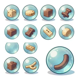 game asset sheet, 2 d sprite, animated glass marbles with items inside them material study