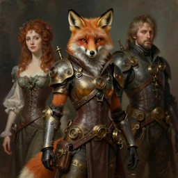 fantasy portrait of fox warrior, tech warrior, steampunk, post apocalyptic, art nouveau, victorian, neo - gothic character, gothic, jessica rossier, michael cheval, esao andrews, steampunk, walt disney, francois boucher, oil painting, highly detailed, cinematic lighting, unreal, natural tpose