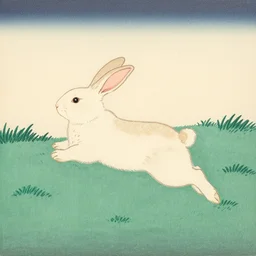 an ukiyo-e woodblock print of a cute rabbit jumping across a meadow, very beautiful, by hiroshige