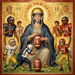 “The Virgin Mary playing American football. She is wearing a helmet and playing on a field with a team. Orthodox Iconography”