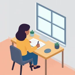isometric flat art of a woman writing at a desk looking out the window