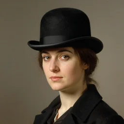 portrait of a woman wearing a bowler hat, by donato giancola.