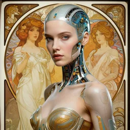 portrait of a beautiful female android, coy, circuitry visible in head, in the style of ex machina, karol bak, alphonse mucha, greg rutkowski, award winning, hr giger, artstation, 8 k