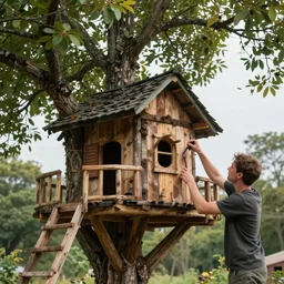 a photorealistic dramatic fantasy render of a man building a beautiful tree house