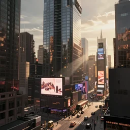 huge modern downtown city, billboards, advertisements, Times Square, small buildings, dark, matte painting, concept art, digital painting, style of Ian Hubert, warm lighting, futuristic, volumetric lighting, street view, daytime, godrays , high detail