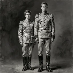 portrait of two people, john oliver is short, adam driver is tall, standing together, stoic, full body, military uniform, fantasy, intricate, elegant, beautiful, highly detailed, charcoal, centered, dark, smokey, digital painting, artstation, concept art, smooth, sharp focus, illustration, art by artgerm and greg rutkowski and alphonse mucha