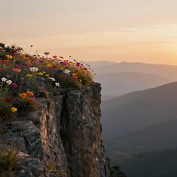 flower on the edge of a cliff, cliff edge, colorful flower, sunset, muted color palette, concept art, high detail, dramatic angle