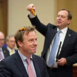 ken griffin of citadel having a chicken tender thrown at his head, photo