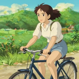 portrait painting of emma stone riding bicycle at summer by studio ghibli, makoto shinkai trending on artstation, epic composition, intricate details