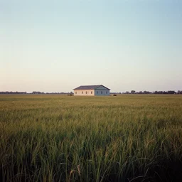 A serene landscape with a singular building in the style of Kodachrome K135