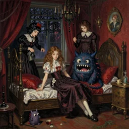 realistic detailed image of a girl in an old soviet girlish room with a little monster  hiding!!! under the bed!!! by  Ayami Kojima, Amano, Karol Bak, Greg Hildebrandt, and Mark Brooks, Neo-Gothic, gothic, rich deep colors. Beksinski painting. art by Takato Yamamoto. masterpiece. ultra details, high quality, high resolution .