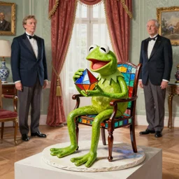 beautiful studio photograph of a surrealist assemblage of kermit the frog eating a colorful platonic solid in a chair made out of stained glass in the presidential suite, made of watercolor - painted plaster on a pedestal by ron mueck and matthew barney and rene magritte, hysterical realism intense cinematic lighting shocking detail 8 k