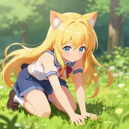 3 d photo of an anime girl with cat ears and long blond hair kneeling down, reaching over to grab grass bokeh, shader, anime art style, highly detailed, cel - shaded, colorful, animated, trending
