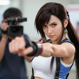 closeup portrait of tifa lockheart punching the cameraman, action shot, photorealistic, octane render, hyperdetailed, artstation and pixiv