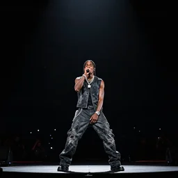 travis scott performing live, by weta digital, by weta fx, cinematic, wide angle, tones of black in background