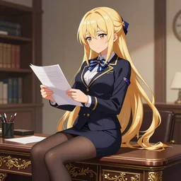 blonde anime girl with long hair, wearing headmistress uniform, sophisticated young woman, pantyhose, authority, examining papers, ornate designs on desk, sharp details, subsurface scattering, intricate details, art by artgerm, anime, anime hd wallpaper, 2 0 1 9 anime screenshot