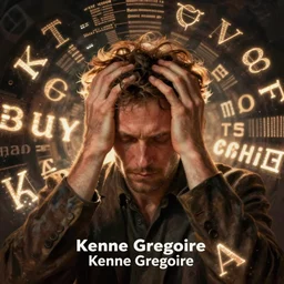 man clutches his head,  surrounded by glowing floating words, by Kenne Gregoire