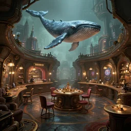 interior of a steampunk videoclub, 3d scene, render, ultra realistic, zenith view, Greg Rutkowski, artstation, cgsociety, level design, unreal engine alien whale flying over a steampunk city, 3d scene, render, ultra realistic, zenith view, Enki Bilal style