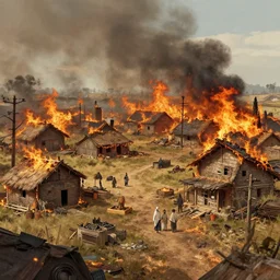 nas daily in a burning village, 4 k, art station concept art, highly detailed