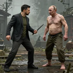 Detailed portrait of Volodymyr Zelenskyy close to reality in 2022, in game style 8k in a detailed suit of an assassin from a computer game, the assassin brandishes a dagger at Volodymyr Putin, who stands in front of him with a scared face, barefoot, wearing only pants with a bare torso and a small stomach and saggy old skin,
