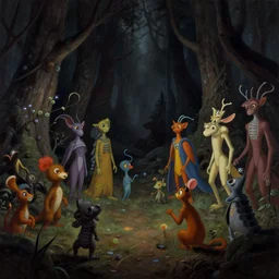 a scene of an opening in a dark fantasy forest with colored fantastical beings. dark black surroundings. hyperrealist illustration. muted colors. 1 9 7 0's science fiction and fantasy cartoon. richly colored painting by don ivan punchatz.