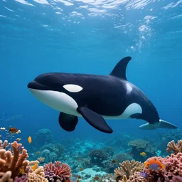 a beautiful orca whales : 0. 1, underwater scenery, beautiful colorful corals, african cichlids and other species of small tropical marine life, volumetric lighting, symmetry, perfect, god - rays, - wallpaper