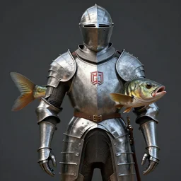 a fish in a suit of armor, hyper realistic, highly detailed, unreal engine 6, coherent,