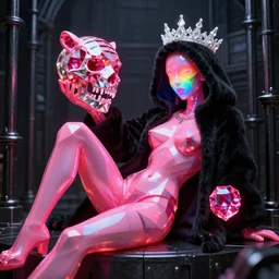 photo of baroque and bladerunner geometric neon ruby sculpture of seductive orgasmic albino king of tigers diego villarreal pink iridescent humanoid deity wearing black fluffy hoody holding diamond skull in a black metallic dungeon, reclining, glowing rainbow face, crown of white diamonds, cinematic lighting, photorealistic, octane render 8 k depth of field 3 d