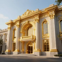exterior art museum architecture, golden details, lighting, extreme detailed, realistic, photorealism, octane renderer, 8 k