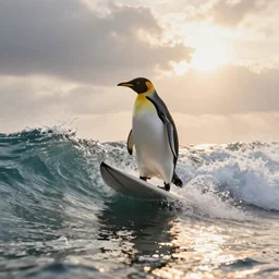 penguin surfing a wave at the sunrise