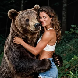 color photograph portrait of a muscular woman hugging a bear, night, summer, warm lighting, 1 9 9 0 photographs from life magazine.