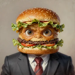 a monster with a hamburger head on a suit, hamburger monster, burger face, burger with human eyes, burger with a mouth, very detailed eyes, character concept art, fantasy, intricate, fantasy drawing, illustration, highly detailed, hyperrealistic, cgsociety, artstation, oil painting by greg rutkowski, by artgerm