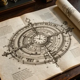 technical digram of time travel on paper, exceedingly intricate, davincie style, infographic, blueprint, illuminated, manuscript, hand drawn sketch
