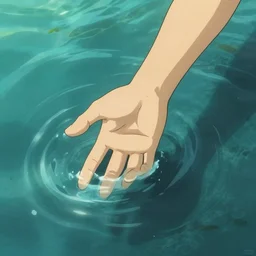 hand reaching down into the water, crystal clear water, light refraction. in the style of hand study, artstation trending, digital art, underwater. by studio ghibli, WLOP, rossdraws, breath of the wild