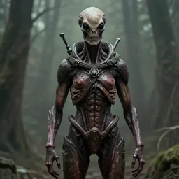 Medium shot of a typical character in the style of H R Giger