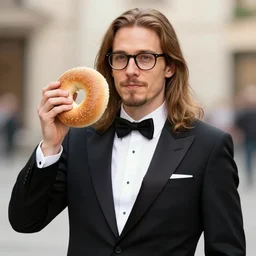 a german very long light brown hair guy with glasses and very short goatee on a tuxedo holding a bagel!, trade offer meme, art by greg rutkowski