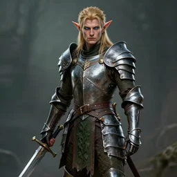 standing elf with armor of rivendel and a curve long sword in full bod and detailed face, blue eyes, epic masterpiece of cinematographic hyperrealism, realistic shaded lighting poster by craig mallismo, artgerm, jeremy lipkin and michael garmash, unreal engine, digital art, art station trends