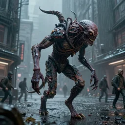 a closeup matte painting of a bipedal hideous creature following and stalking people in this cyber - frostpunk city, in the rain, highly detailed, in the style of remedios varo and john chamberlain, dark moody lighting, hyper photorealism, trending on artstation, 8 k