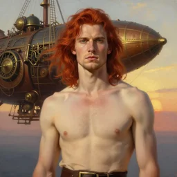 realist portrait painting of a handsome face rugged waist length crimson hair male captain minimalist clothing top half portrait soft flowing hair elegant steampunk wood brass ornate mechanical zeppelin airship in far background sky sunset golden hour fantasy rugged book cover art atmospheric lighting art by mullins rutkowski bussiere