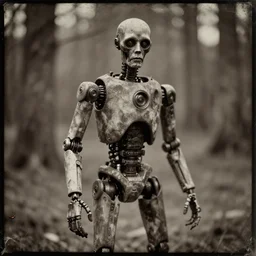 “Early 1900s daguerreotype, huminoid robot zombies in the forest, hyper realistic, by Steven Rhodes, shallow depth of field, sepia, eerie, macabre, scratches and burns on film, horror, cinematic, photorealistic, highly detailed”