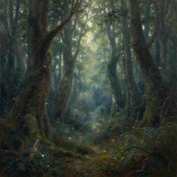 An oil painting of a fantasy forest by Rembrandt; otherworldly beauty; beautiful; masterpiece